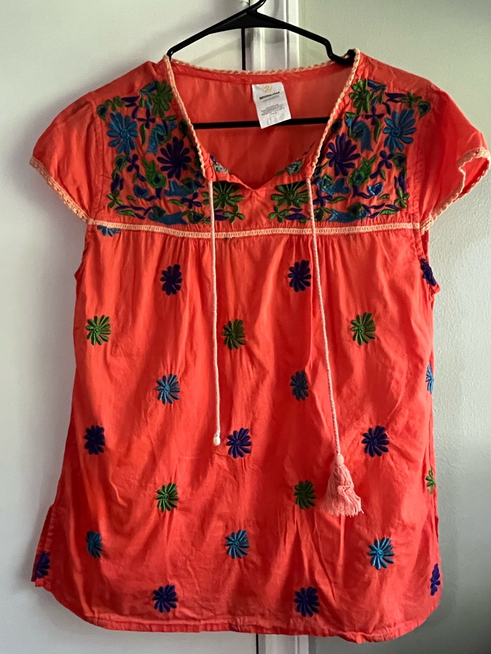 Moda Coral Embroidered Tunic with Multicolor Floral Accents.   C17